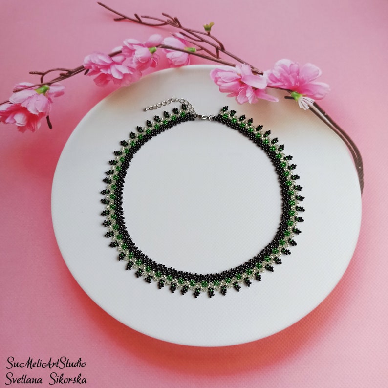 Women/'s gift jewelry Small black necklace Shimmer necklace Black silver green necklace Beadwork necklace Beaded necklace for woman