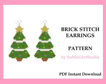 Christmas tree earrings pattern, Beaded winter earrings  pattern, Xmas beading pattern, Brick stitch earrings pattern, PDF Digital pattern