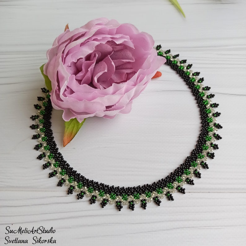 Women/'s gift jewelry Small black necklace Shimmer necklace Black silver green necklace Beadwork necklace Beaded necklace for woman