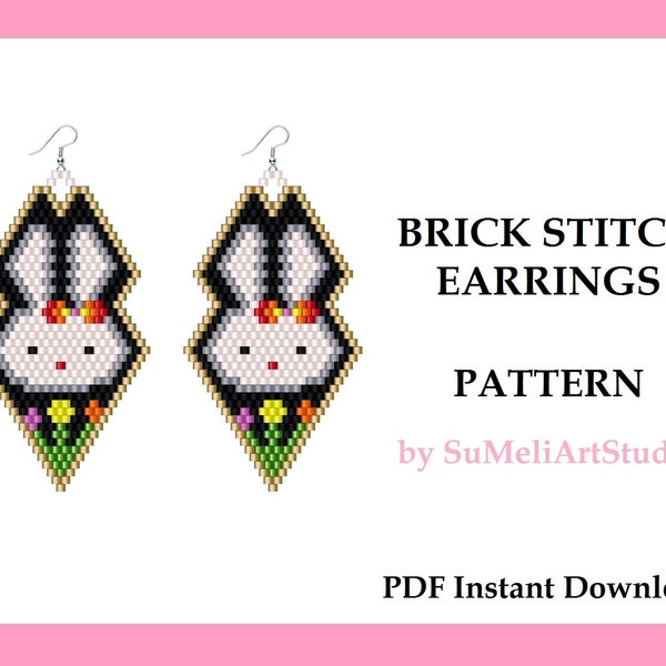 Easter Bunny Brick Stitch pattern, Bunny beaded earrings pattern for Miyuki Delica, Instant Download, Easter rabbit pattern