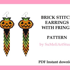 May include: A digital pattern for brick stitch earrings with fringe, featuring a pumpkin design. The pattern is for a pair of earrings with a jack-o'-lantern face and a fringe of beads. The pattern is by SuMeliArtStudio and is available as a PDF instant download.