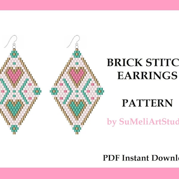 Brick stitch pattern, Heart earring pattern, Valentine day earrings pattern, Seed bead pattern, Romantic earrings pattern, Beading pattern