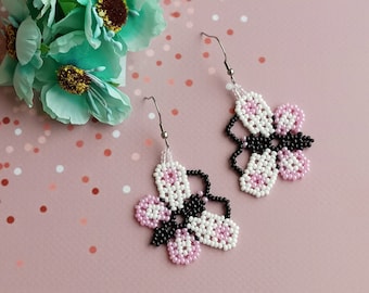 Beaded Butterfly Earrings, Beadwork earrings, Huichol white pink earrings, Handmade earrings