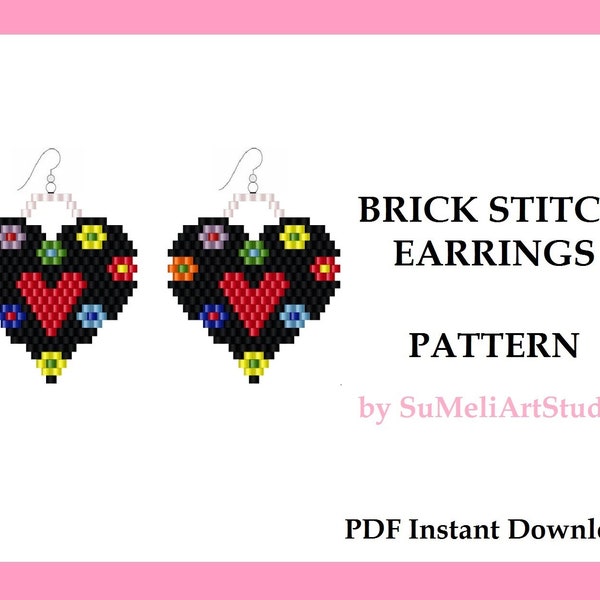 Romantic Valentine earrings pattern, Mother's Day earring pattern, Beaded heart earring pattern, Flower Brick stitch earrings pattern