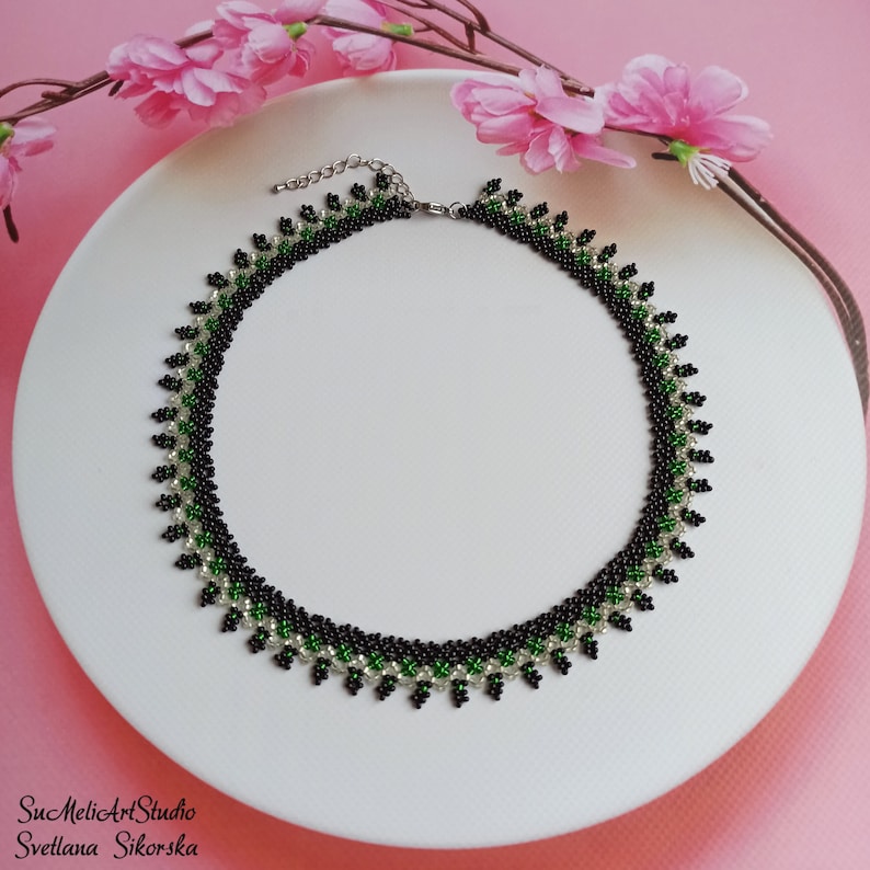 Women/'s gift jewelry Small black necklace Shimmer necklace Black silver green necklace Beadwork necklace Beaded necklace for woman