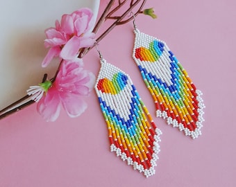 Romantic gift for woman earrings, Rainbow heart earrings, Valentine’s earrings, Seed bead jewelry, Beaded dangle earrings for her, Beadwork