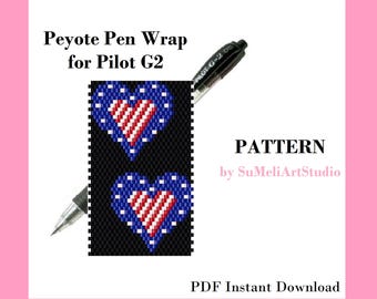 4th of July peyote pen wrap pattern, Patriotic Pen even cover patterns for G2 pen by Pilot, Digital American Flag seed bead patterns