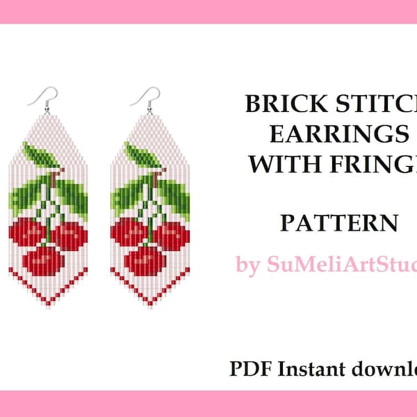 Cherry earrings pattern, Fruit earrings pattern, Brick Stitch for fringe beaded earrings, Beading pattern, Seed bead patterns