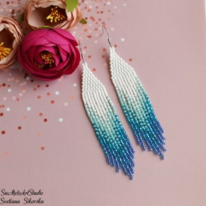 White blue earrings, Beadwork earrings, Long fringe earrings, Ombre earrings, Shining evening seed bead earrings, Turquoise xmas earrings