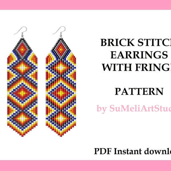 Native American style earrings pattern, Brick stitch fringe earrings pattern, Seed bead patterns,  PDF Digital download, Miyuki Delica