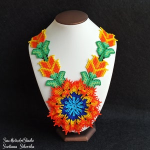 Orange bead necklace, Beadwork necklace, Handmade Christmas Birthday gift for wife, Boho Flower Necklace, Huichol Jewelry