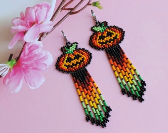 Halloween pumpkin earrings, Jack O Lantern earrings, Beaded fringe earrings, Halloween gift, Funny earrings for Halloween, Beadwork earrings