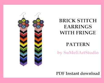 Flower earrings pattern, Brick stitch pattern, Fringe Seed bead pattern, Pdf pattern, Floral earrings pattern, Instant Download, Beadwork