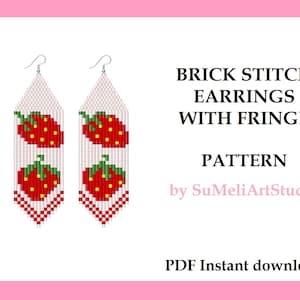 Strawberry earrings pattern, Brick Stitch for fringe beaded earrings pattern, Beading pattern, Strawberry jewelry  seed bead pattern