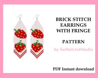 Strawberry earrings pattern, Brick Stitch for fringe beaded earrings pattern, Beading pattern, Strawberry jewelry  seed bead pattern