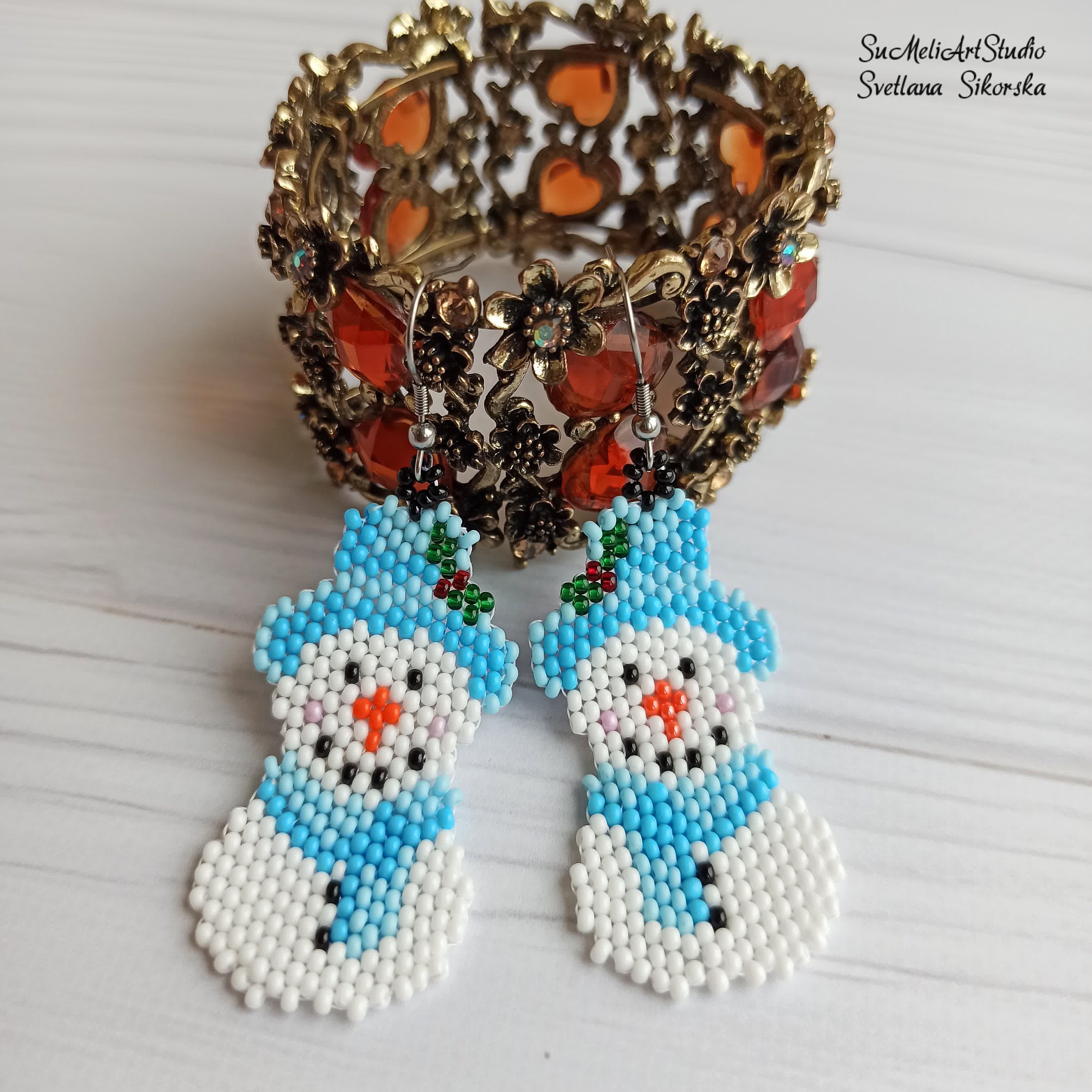 Beaded Snowman Earrings Christmas seed bead Snowman earrings Etsy