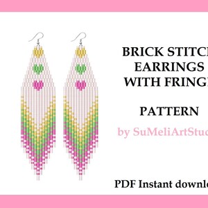 May include: A digital pattern for brick stitch earrings with fringe. The earrings are white with pink, green, and yellow accents. The pattern is by SuMeliArtStudio and is available as a PDF instant download.