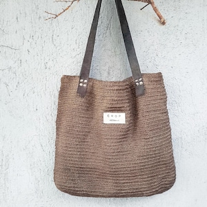 Handmade Brown Crochet Tote Bag with Leather Handles – Rustic Boho Shoulder Bag – Eco-Friendly Natural jute Purse
