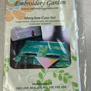 May include: Embroidery Garden MaryAnn Case Set, a multiformat CD with instructions for creating four sizes of roomy cases. The CD includes DST, EXP, HUS, JEF, PES, VIP, VP3, and XXX file formats.
