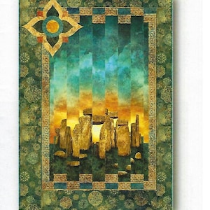 May include: A fabric panel titled "Summer Solstice" from the Stonehenge Solstice collection. The panel measures 36 x 52 inches and features a depiction of Stonehenge at sunset. The design includes a green and gold border and a central image of the ancient stones.