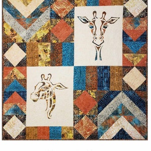 May include: A quilt pattern called "Lofty" from the Summer Safari Collection, designed by Gina Reddin. The quilt is 60 inches by 60 inches and features a patchwork design with giraffe silhouettes.