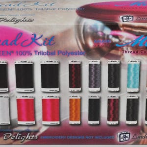 May include: A thread kit box with the text "Thread Kit" and "Diner Delights". The box displays multiple spools of colorful thread, including black, red, orange, and teal. The text "POLY SHEEN 100% Trilobal Polyester" is also visible.