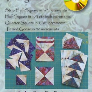 May include: A quilting pattern titled "Triangulations 4.0" by Brenda Henning. The image displays various fabric pieces in blue, purple, and cream, arranged to demonstrate quilting techniques. A yellow CD is in the upper right corner. The text includes instructions for strip half squares, half squares, quarter squares, and tamed geese.