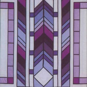 May include: A quilt with a geometric design featuring a central arrow shape. The quilt is made of purple, blue, and white fabric.