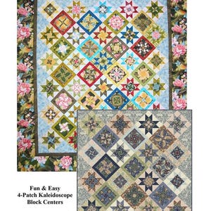 May include: A quilting pattern for a kaleidoscope quilt with a floral border. The pattern is called "Kensington Kaleidoscope" and is available in four sizes. The pattern is from Quilt Moments and has the code QM101.