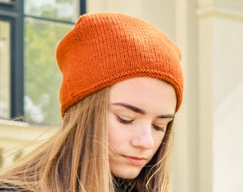 Slouchy hat, Soft chunky knit winter hat women, Warm hand knitted alpaca cap, Baggy light summer beanie men, Large slouch orange hat wool