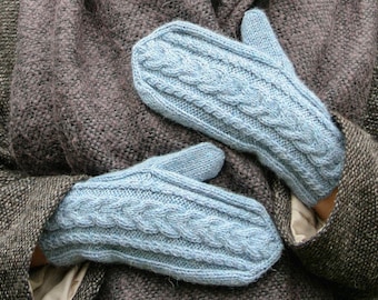 Alpaca mittens, Blue chunky knit cable women wool gloves, Plain hand knitted warm men winter mittens, Soft cozy braided woolen fall gloves