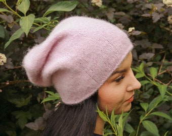 Winter Alpaca Wool & Silk Slouchy Cuffed Hand Knit Beanie RASA in Powder Pink