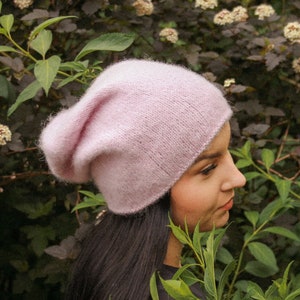 Różowa czapka typu Slouchy Beanie - ręcznie robiona na drutach z wełny alpaki, jedwabna czapka zimowa dla kobiet, wysokiej jakości, elegancka, miękka