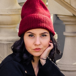 Red Cuffed Merino Beanie, Hand Knitted Beanie Women's, Classic Rib Knit Hat, Wool Hat Men's, Slouchy Fisherman's Beanie, Long Trawler Beanie