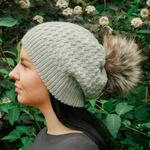 Pom pom hat, Oversized faux fur pom beanie, Baggy hand knit pompom hat, Slouchy women's hat, Gray knitted alpaca wool hat, Chunky winter cap Pearl gray