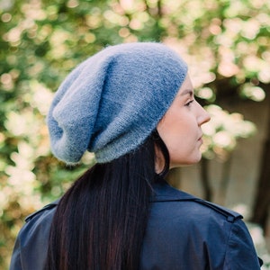 Alpaca Wool & Silk Winter Slouchy Cuffed Hand Knit Beanie RASA in Steel Blue