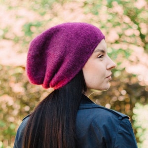 Hand Knit Slouchy Cuffed Alpaca Wool & Silk Winter Beanie in Purple