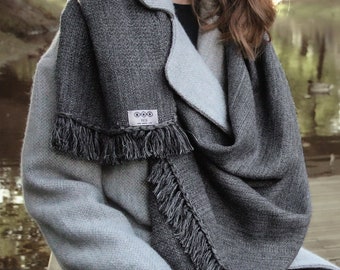 Oversized Fringe Shawl, Weaved Alpaca Wool Scarf, Hand Loomed Winter Wrap, Wide Handwoven Shawl, Women's Blanket Scarf, Woven Silk Stole