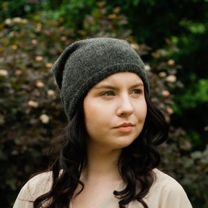 Dark grey alpaca wool beanie. Slouchy oversized beanie for women. Chunky knit hat. Cuffed men's summer, winter cap. Hand knitted beanie Dark gray
