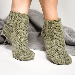 Slipper socks, Chunky cable socks, Hand knit bed socks, Low cut house socks, Women's wool socks, Knitted home slippers, Winter leg warmers Olive