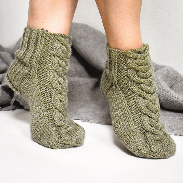 Slipper socks, Chunky cable socks, Hand knit bed socks, Low cut house socks, Women's wool socks, Knitted home slippers, Winter leg warmers