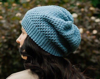 Slouch lace knit hat for women, Slouchy cotton summer beret, Chunky hand knitted lace beanie, Loose merino wool hat, Lightweight cotton tam