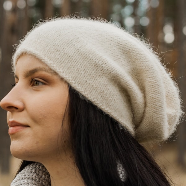 Blanc cassé, Bonnet souple en laine, Bonnet en alpaga pour femme, Bonnet en laine d'alpaga, Bonnet surdimensionné, Bonnet en alpaga, Bonnet souple, Bonnet pour femme