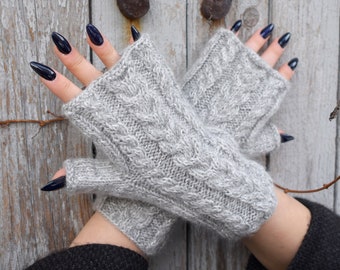 Gray alpaca fingerless gloves, Woolen women's cable knitted arm warmers, Grey hand knit mohair gloves, Warm chunky winter wool hand warmers