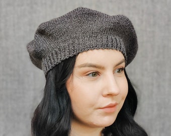 French beret, Gray women's beret, Hand knit wool beret, Grey French style beret, Vintage style beret, Merino beret hat, Cotton fashion hats