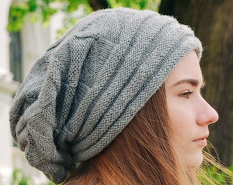 Oversized beanie, Slouchy women's hat, Large chunky beanie, Bulky cable knit beanie, Hand knitted hat, Alpaca wool hat, Braided winter cap