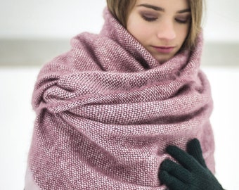 Soft Alpaca Wool, Mohair & Silk Hand Loomed Oversized Winter Blanket Scarf in Pink
