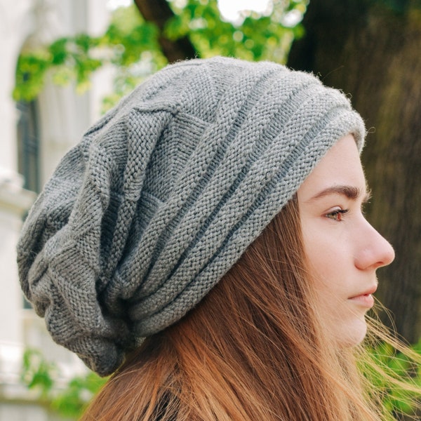 Gorro de gran tamaño, sombrero de mujer Slouchy, gorro grueso grande, gorro de punto de cable voluminoso, sombrero de punto a mano, sombrero de lana de alpaca, gorra de invierno trenzada