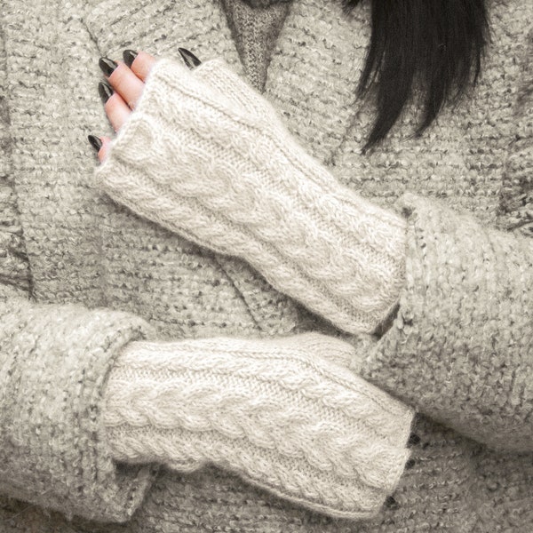 Mitaines en alpaga, chauffe-mains en laine pour femmes tricotés à la main, mitaines d'hiver en tricot torsadé doux et épais, chauffe-bras d'automne en laine chaude