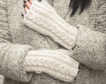 Mitaines en alpaga, chauffe-mains en laine pour femmes tricotés à la main, mitaines d'hiver en tricot torsadé doux et épais, chauffe-bras d'automne en laine chaude